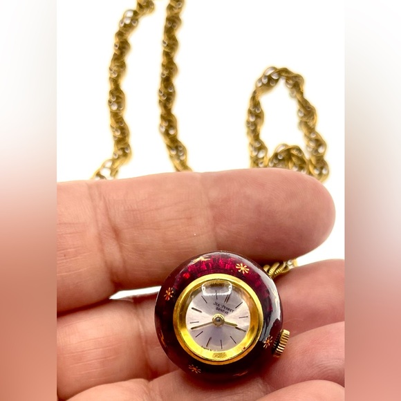 Vintage 1960s Signed Jean Perret Gold Tone Red Enamel Orb Necklace Watch Working - Picture 11 of 14